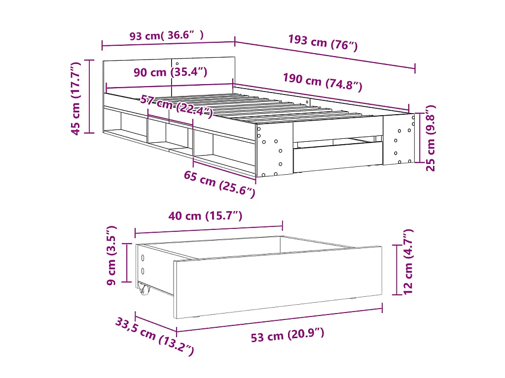 Giroletto con Cassetto Bianco 90x190 cm in Legno Multistrato