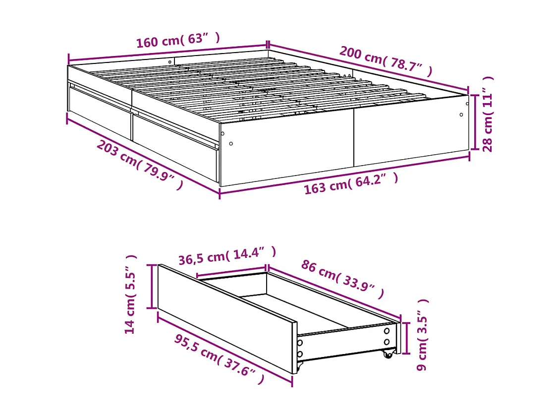 Cadre de lit avec tiroirs sans matelas blanc 160x200 cm