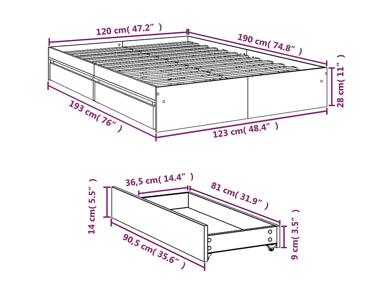 Bedframe met lades bewerkt hout sonoma eikenkleurig 120x190 cm
