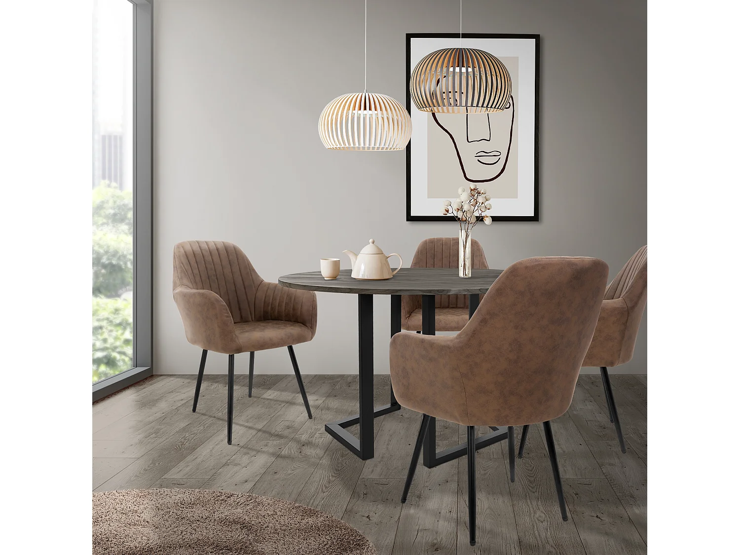 Lot de 4 chaises salle à manger embourrée marron avec accoudoirs en simili