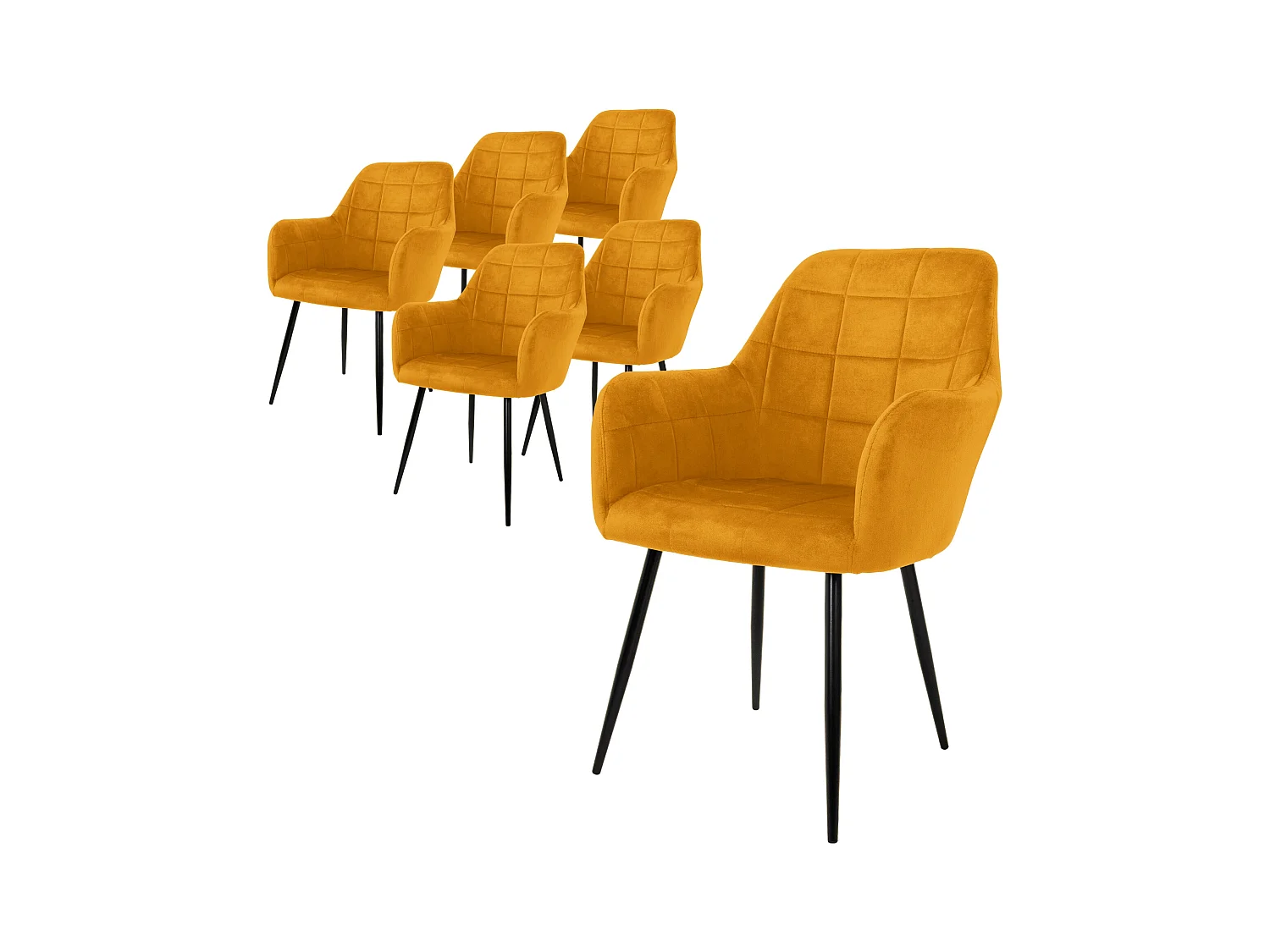 Lot de 6 chaise de salle à manger fauteuil moutarde en velours pieds métalliques