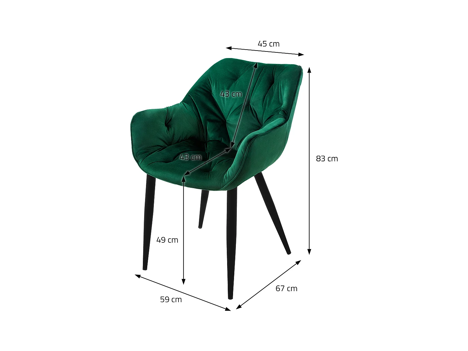 Lot de 8 chaises de salle à manger assise vert foncé en velours pieds métal noir