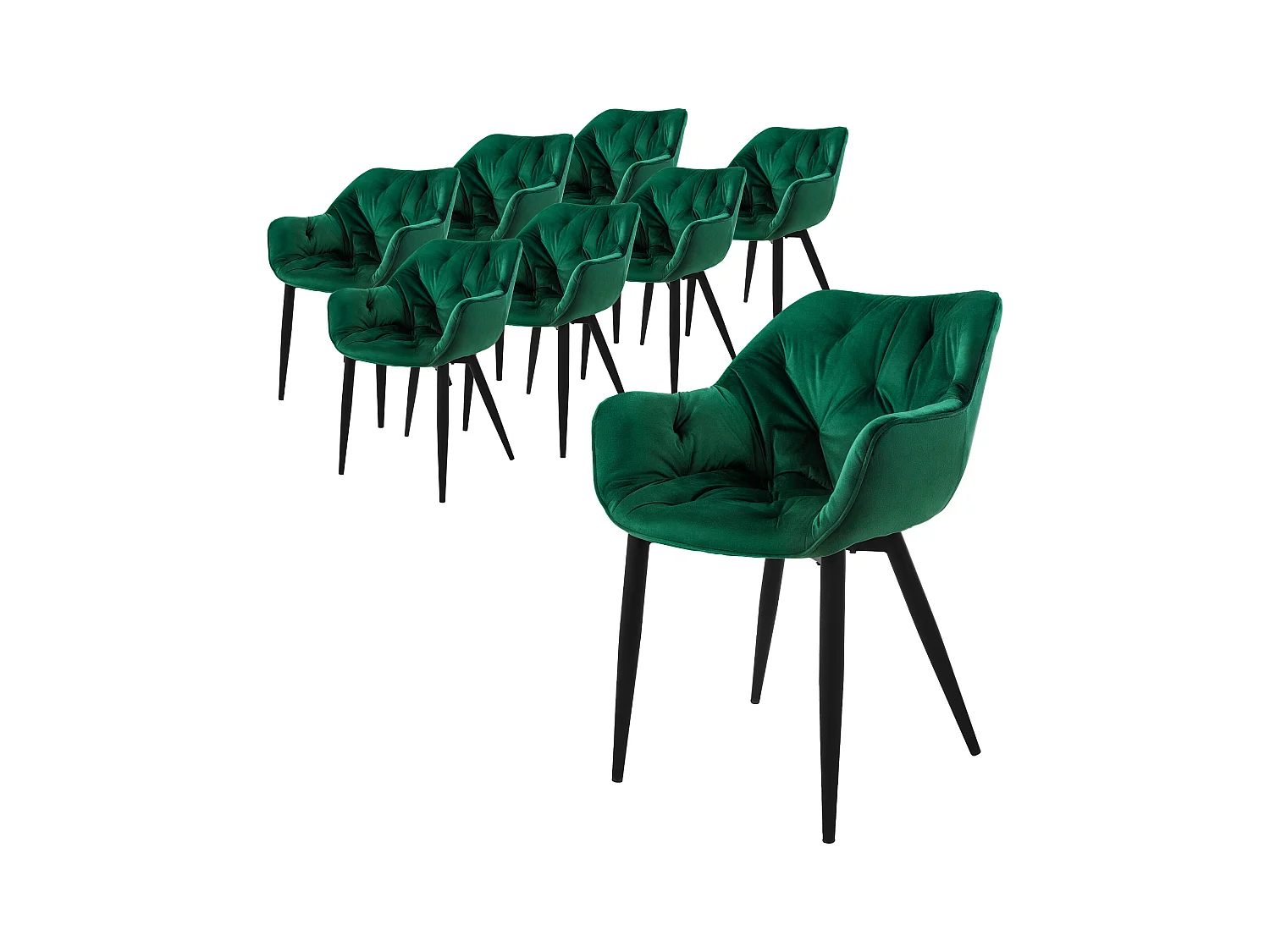 Lot de 8 chaises de salle à manger assise vert foncé en velours pieds métal noir