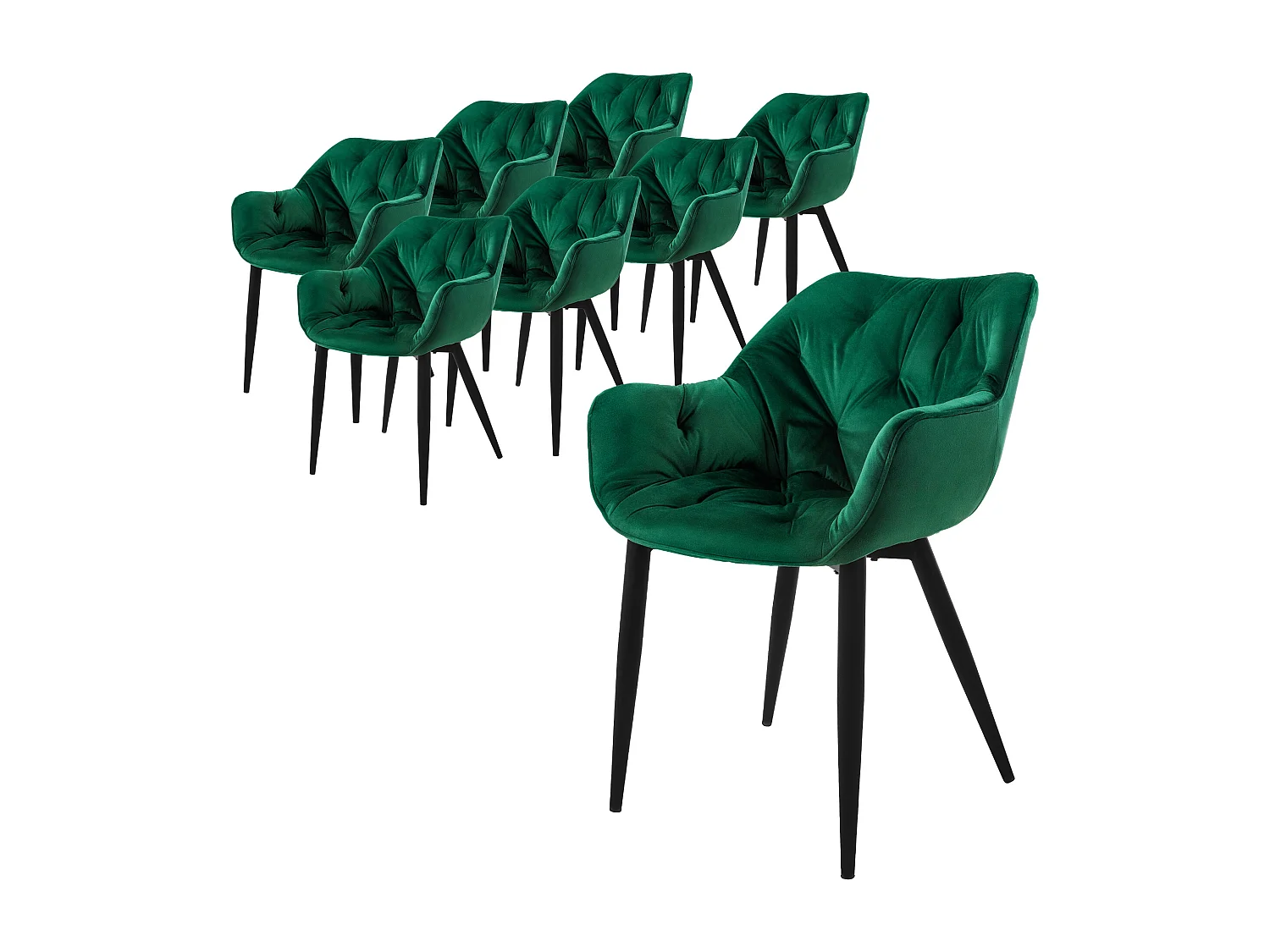 Lot de 8 chaises de salle à manger assise vert foncé en velours pieds métal noir