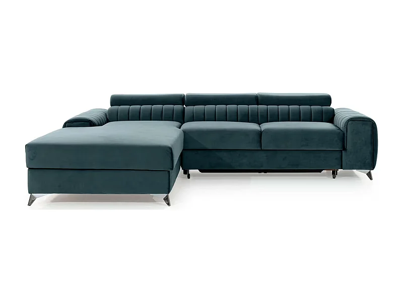 Canapé d'angle convertible velours appuis-tête réglables GRENKY - Coffre et pieds acier chromé-Bleu canard-angle gauche