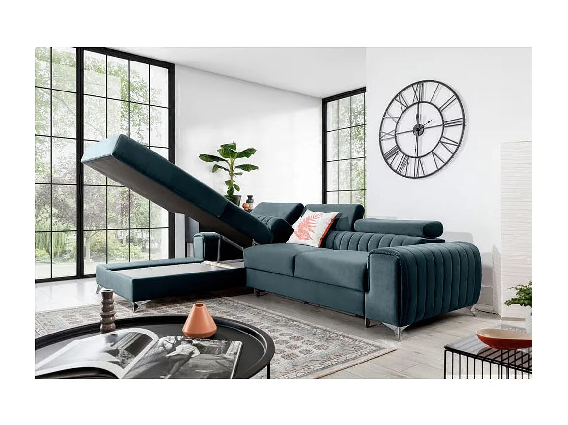 Canapé d'angle convertible velours appuis-tête réglables GRENKY - Coffre et pieds acier chromé-Bleu canard-angle gauche