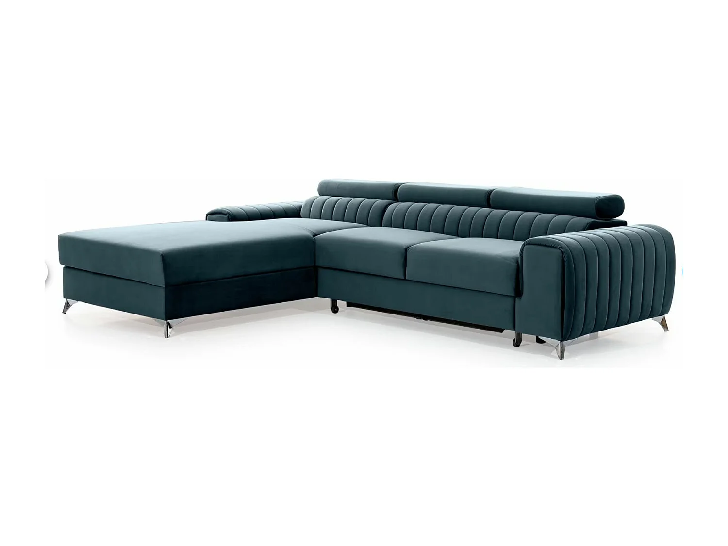 Canapé d'angle convertible velours appuis-tête réglables GRENKY - Coffre et pieds acier chromé-Bleu canard-angle gauche