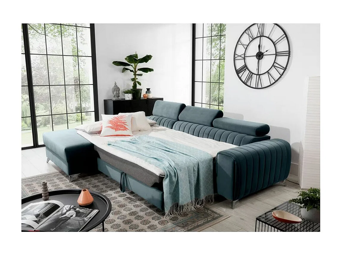 GRENKY omvormbare hoekbank met verstelbare hoofdsteunen - Opbergruimte, poten van verchroomd staal-Kleur Blauwe Eend-linkerhoek