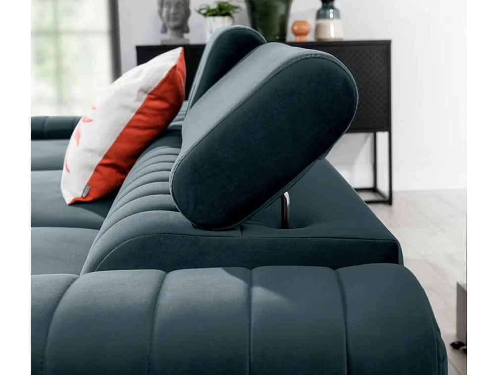 GRENKY omvormbare hoekbank met verstelbare hoofdsteunen - Opbergruimte, poten van verchroomd staal-Kleur Blauwe Eend-linkerhoek