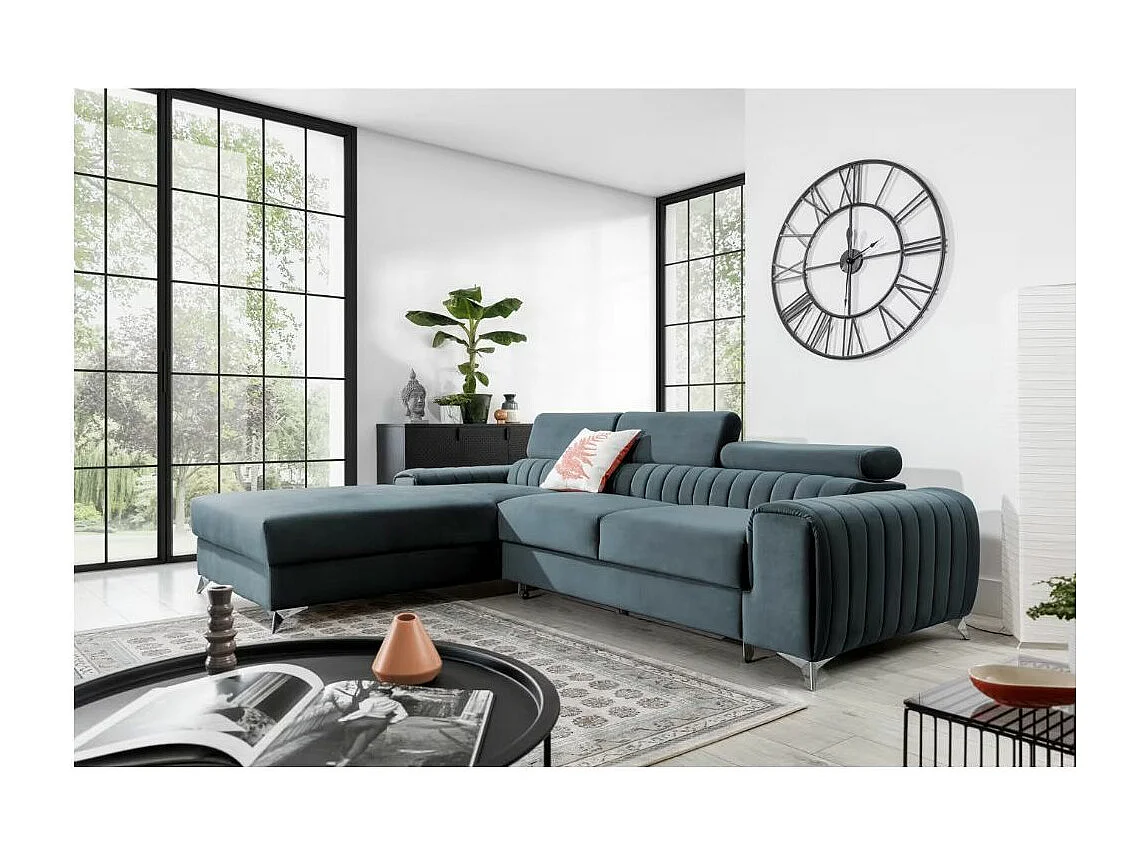 GRENKY omvormbare hoekbank met verstelbare hoofdsteunen - Opbergruimte, poten van verchroomd staal-Kleur Blauwe Eend-linkerhoek