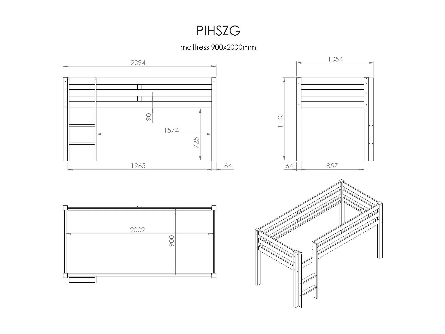 Lit Mezzanine PINO LB005 105x210x114 Blanc