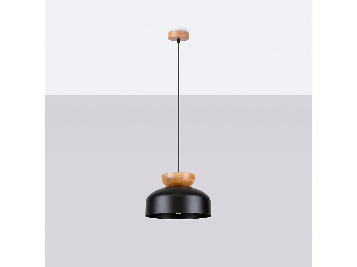 Plafonnier Marion Scandinave En Bois/Acier - 1 Sources Lumineuses - L.29,5 X H.130 Cm - Noir/Bois Naturel