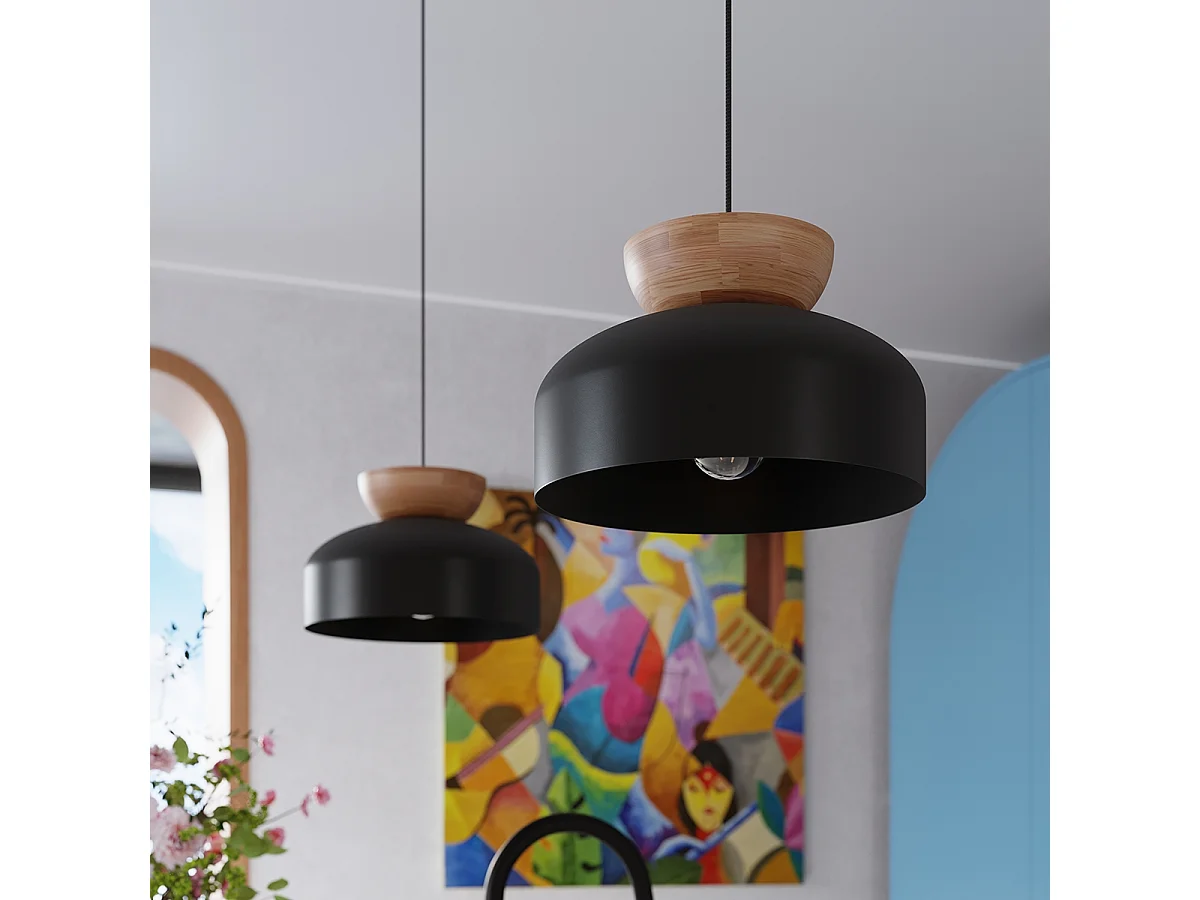 Plafonnier Marion Scandinave En Bois/Acier - 1 Sources Lumineuses - L.29,5 X H.130 Cm - Noir/Bois Naturel