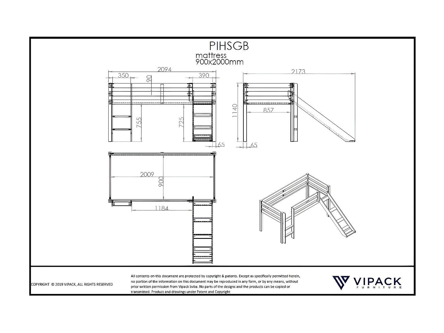 Lit Mezzanine PINO LB005 217x209x114 Blanc