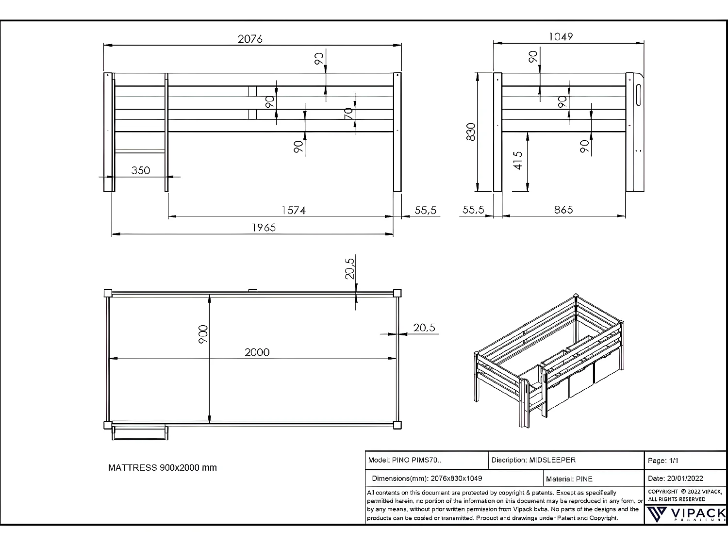 Lit Mezzanine PINO LB005 105x208x83 Blanc