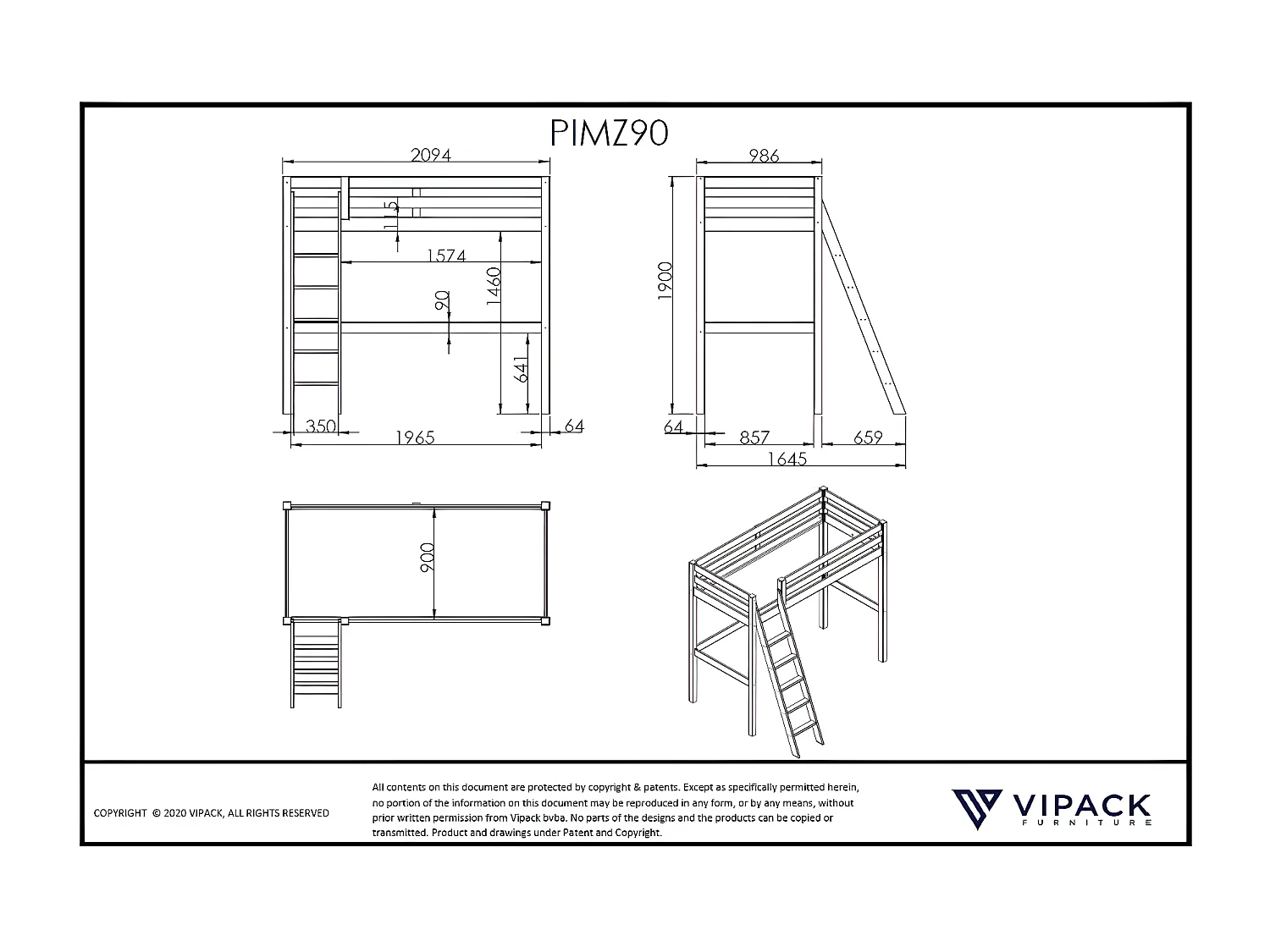 Lit Mezzanine PINO LB005 165x209x190 Blanc