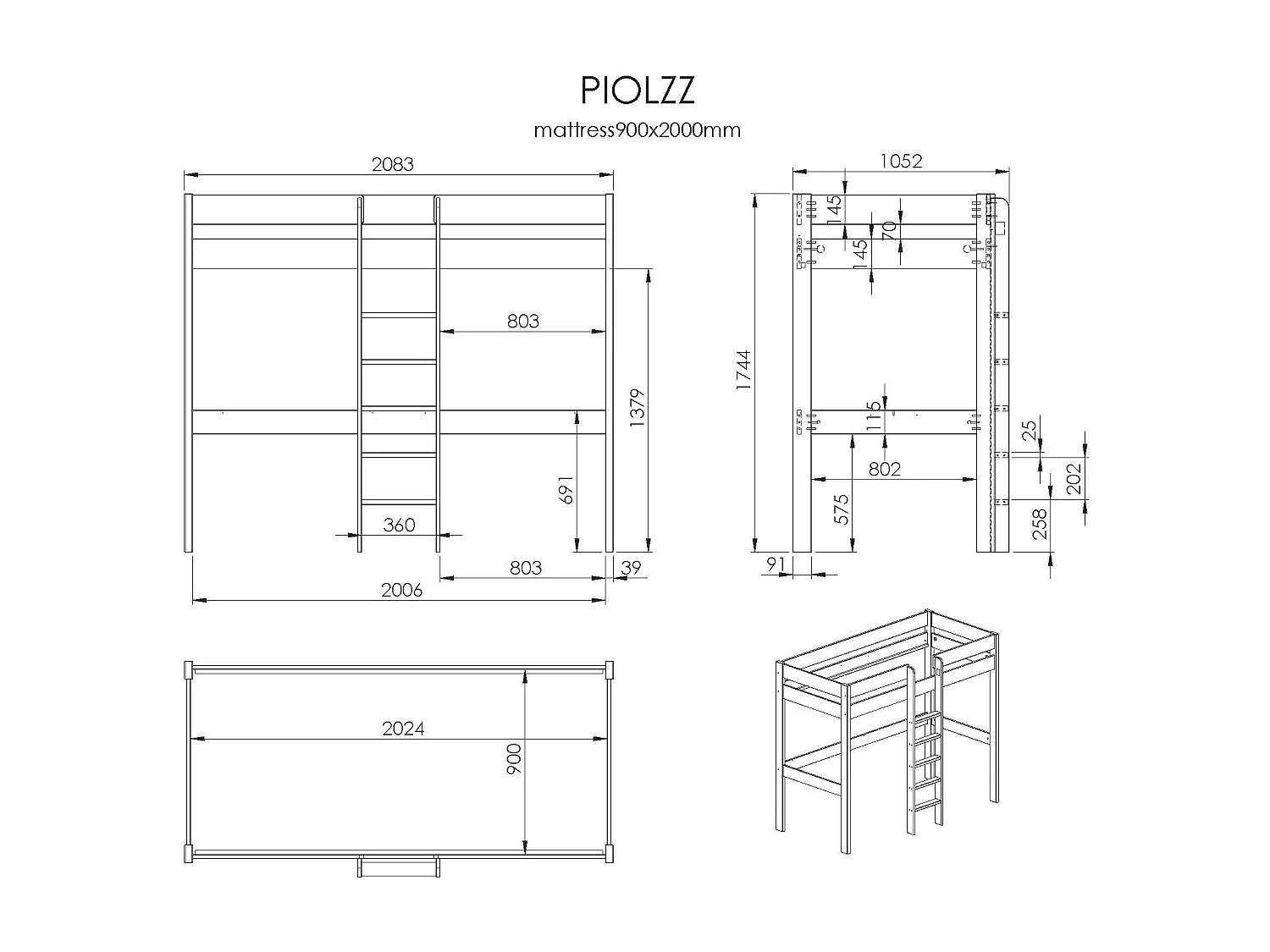 Lit Mezzanine PINO LB005 105x208x174 Gris