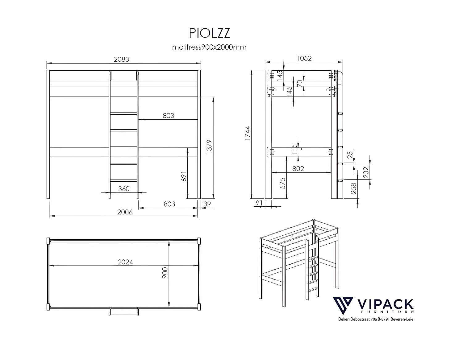 Letto A Soppalco PINO LB005 105x208x174 Bianco