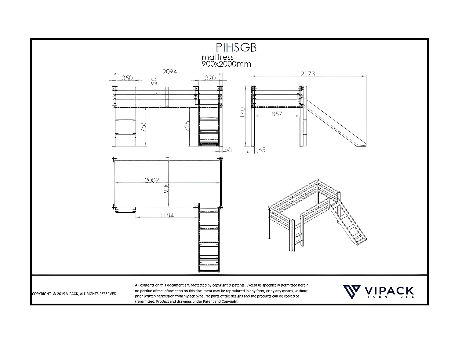 Lit Mezzanine PINO LB005 217x209x114 Clair naturel