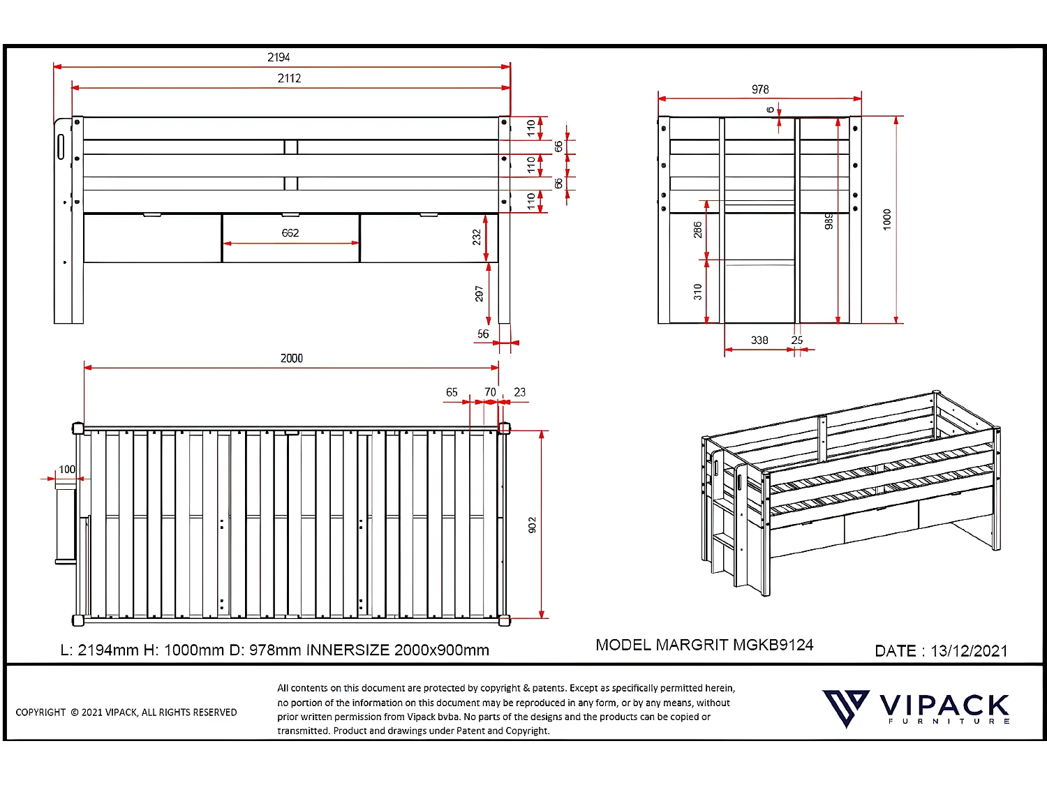 Lit Mezzanine MAGRIT LB005 98x219x100 Clair naturel