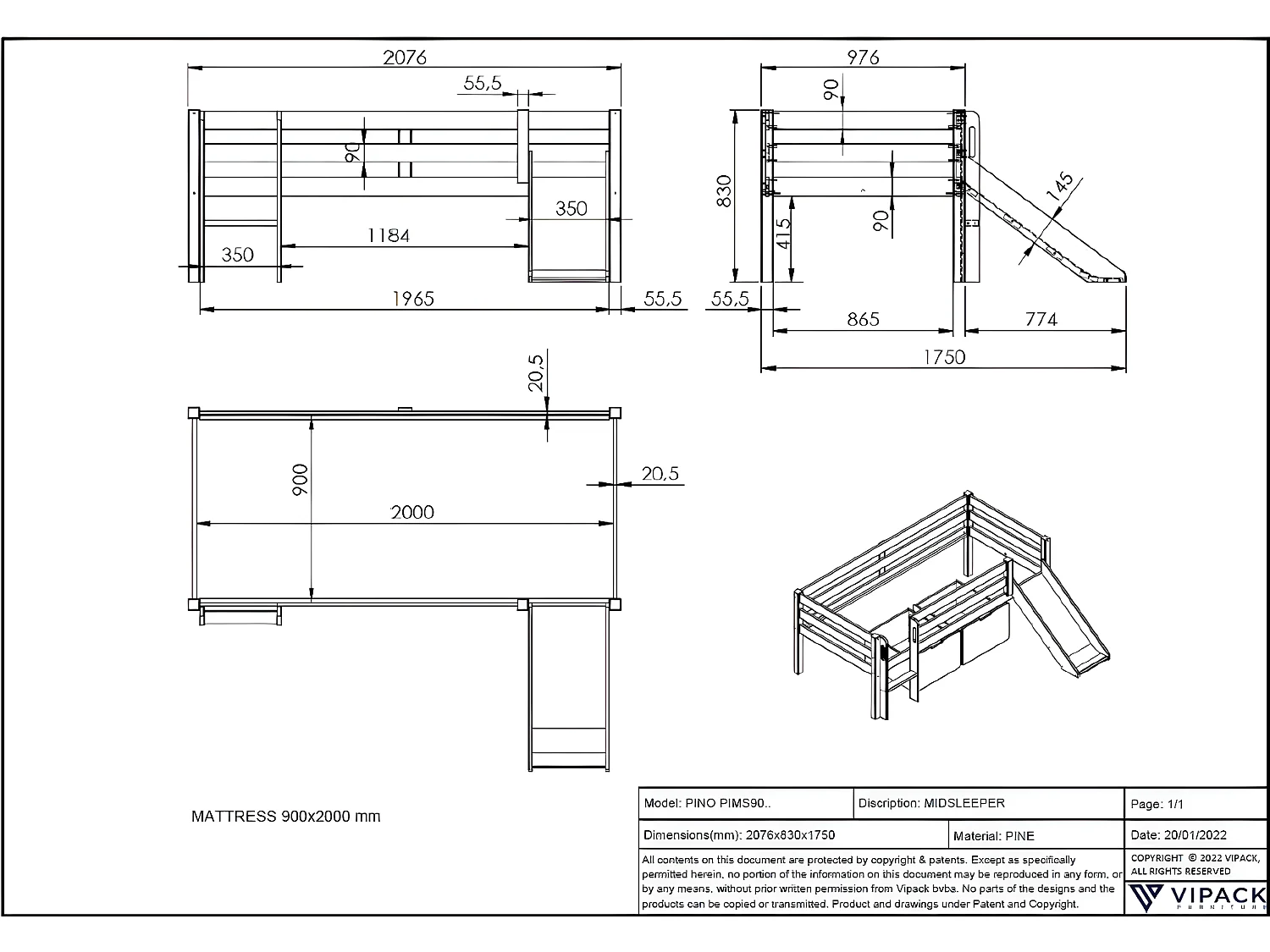 Lit Mezzanine PINO LB005 175x208x83 Gris