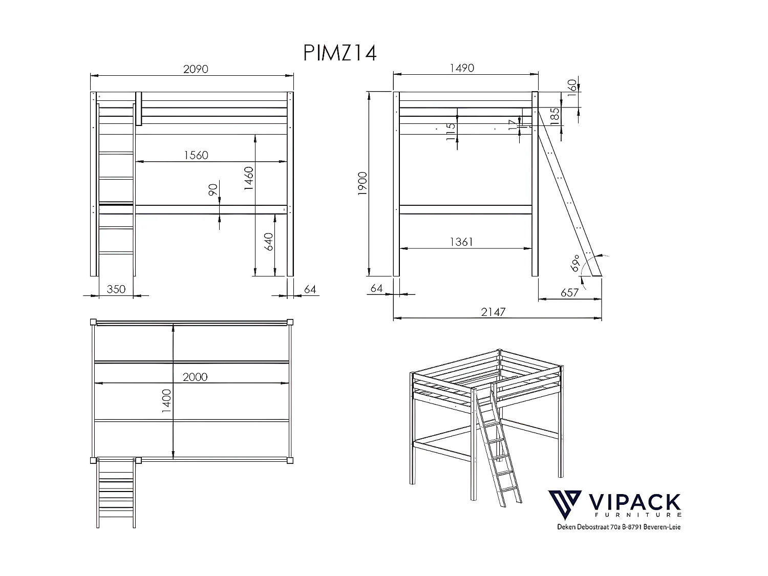 Hoogslaper PINO LB009 215x209x190 Grijs