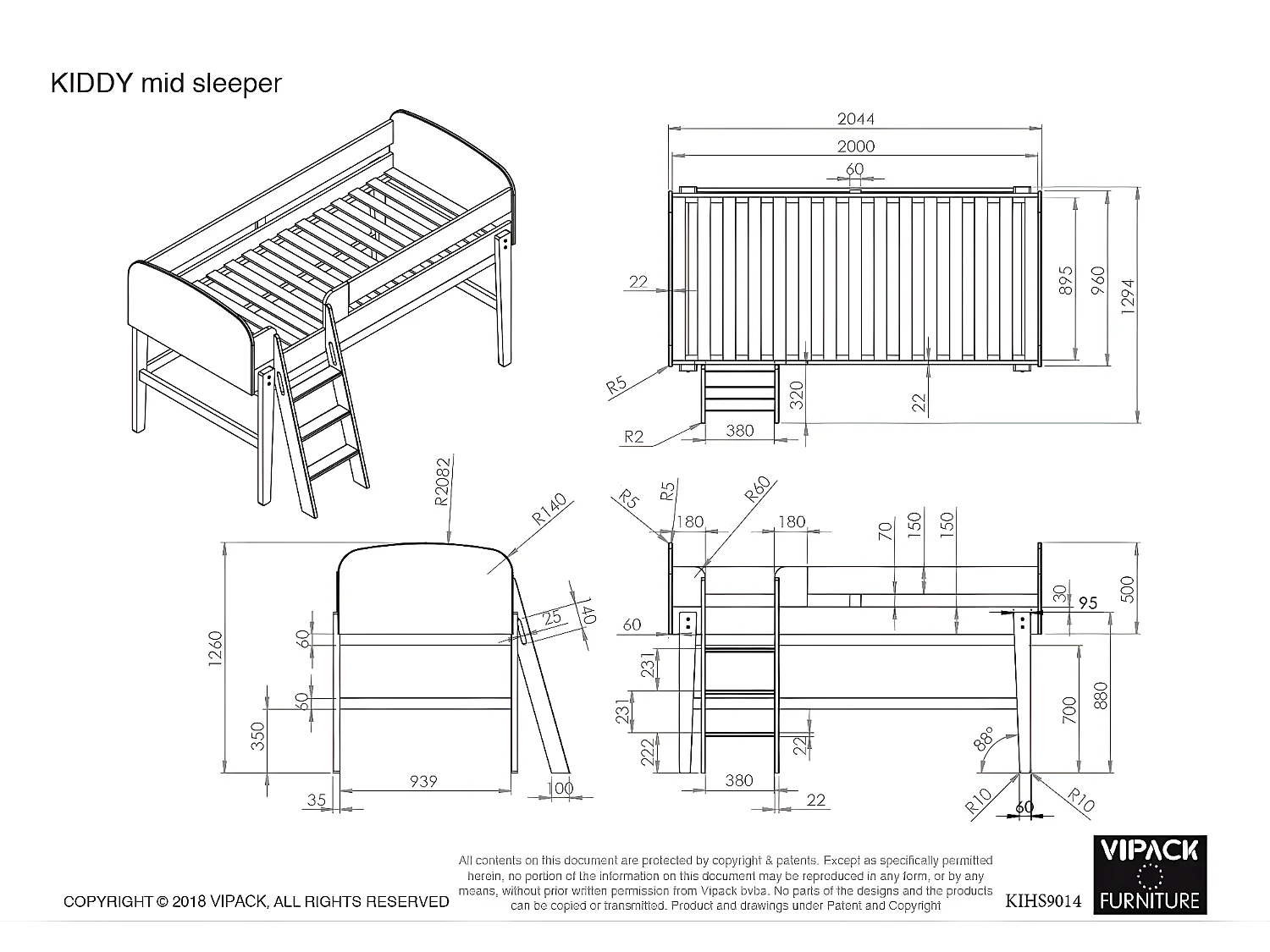 Cama loft KIDDY LB005 90x200 cm Branco