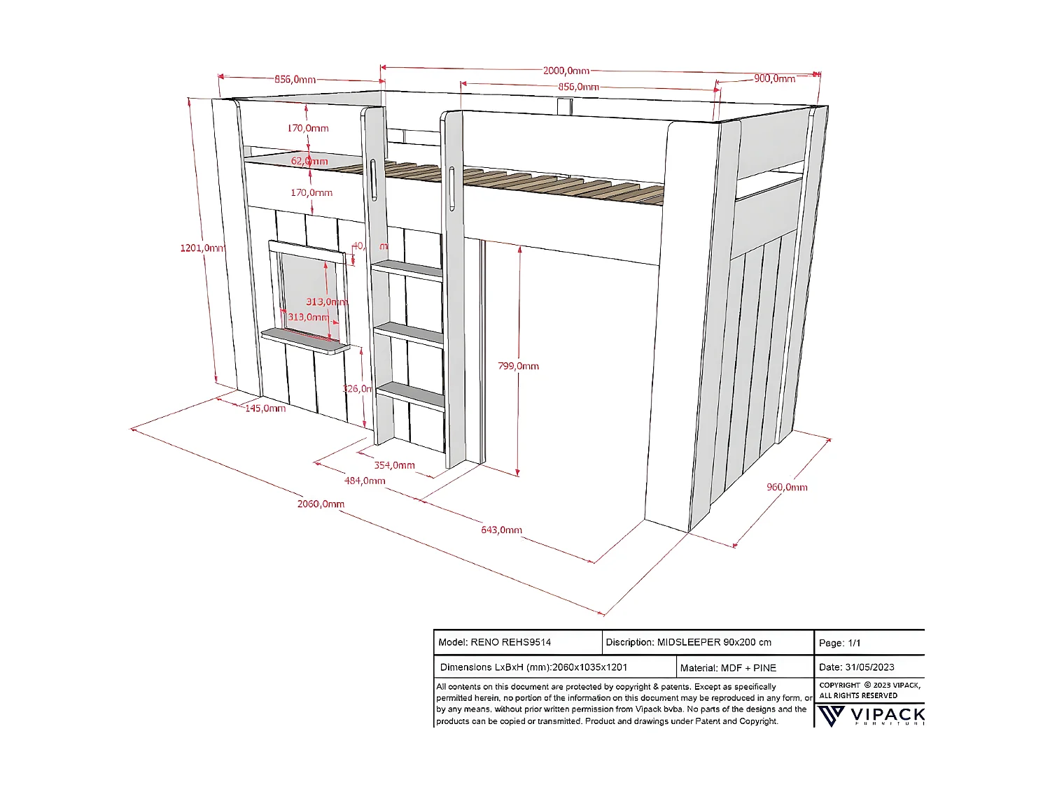 Letto A Soppalco RENO LB005 103x206x120 Bianco