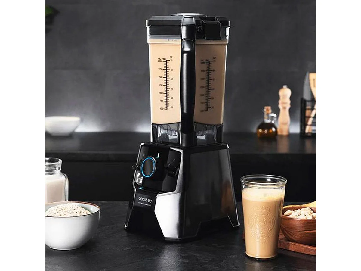 Cecotec Mixeur-blender Power Black Titanium 1000. 1000 W, Lame de 6 feuilles revêtues en titane noir, Bol en verre fondu d’1,5 L 2000 W, Nègre