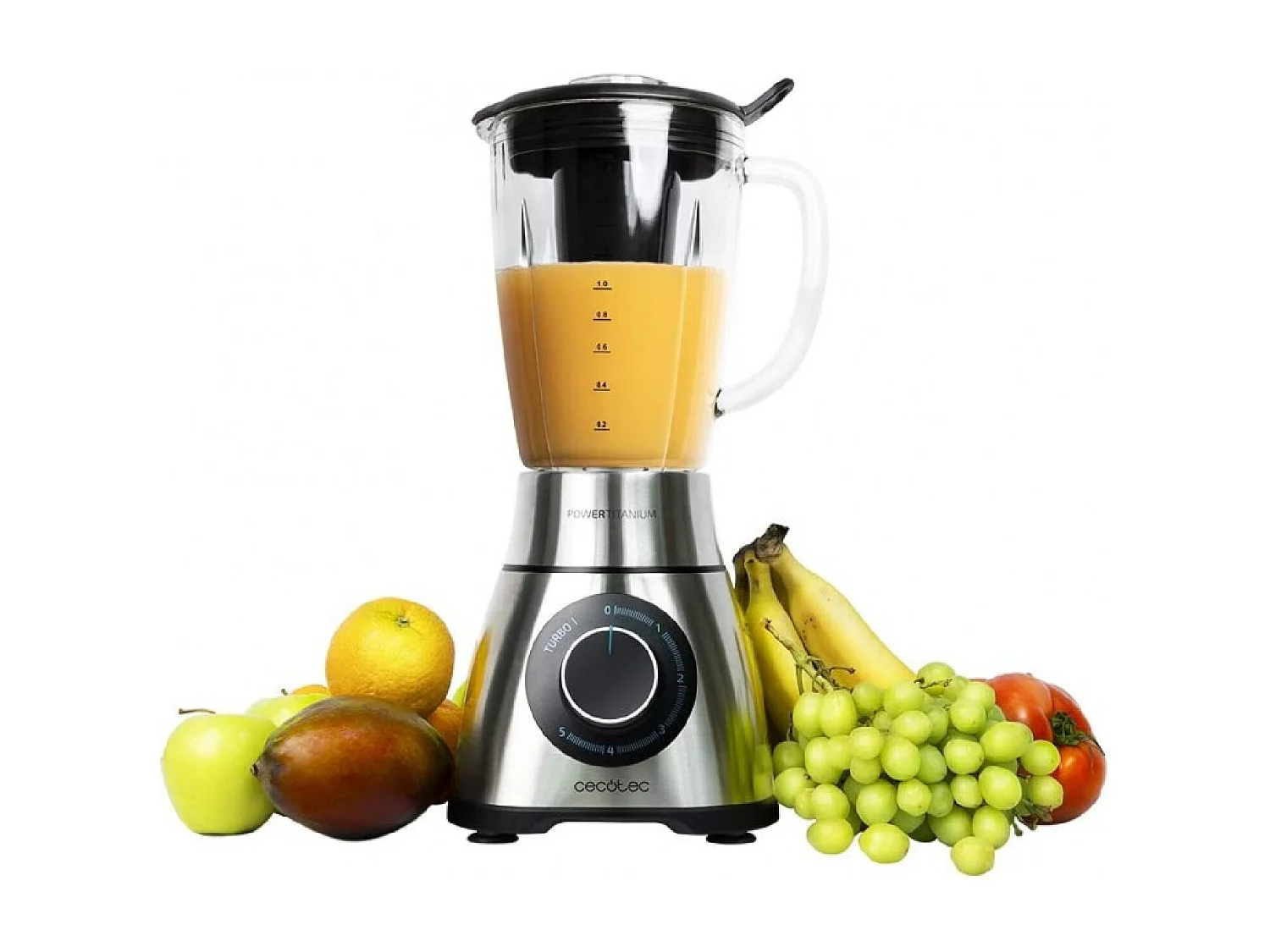 Cecotec Mixeur-blender Power Black Titanium 1000. 1000 W, Lame de 6 feuilles revêtues en titane noir, Bol en verre fondu d’1,5 L 1300 W, Inox