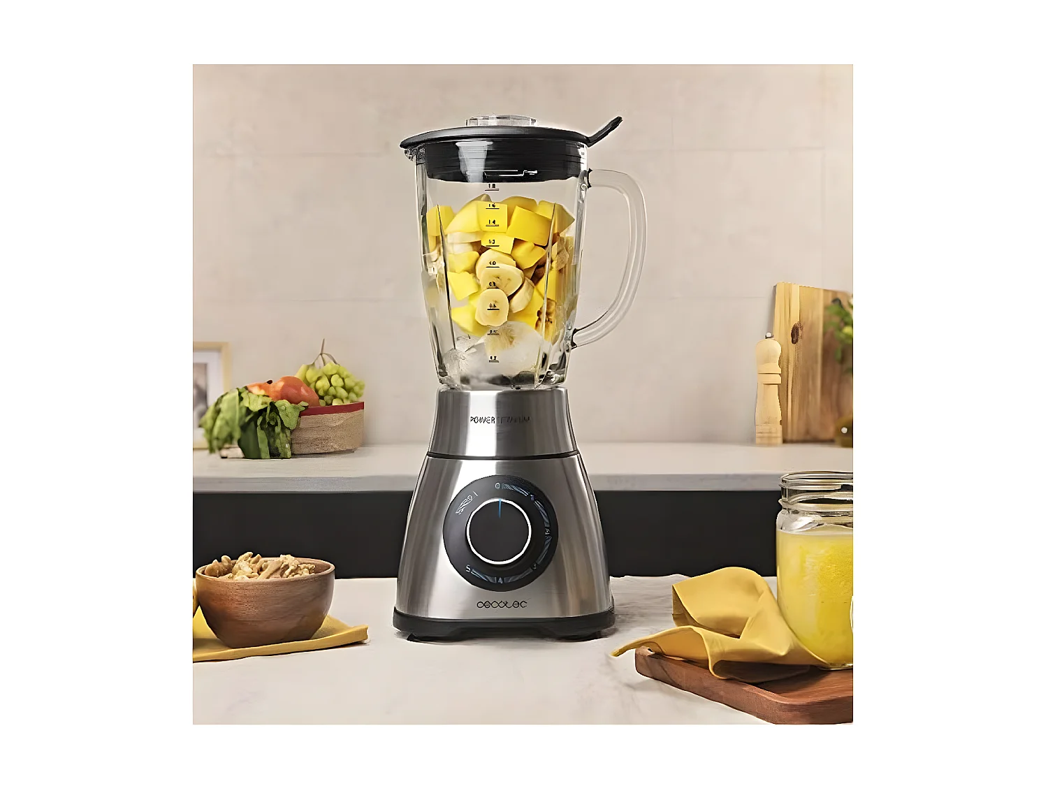 Cecotec Mixeur-blender Power Black Titanium 1000. 1000 W, Lame de 6 feuilles revêtues en titane noir, Bol en verre fondu d’1,5 L 1300 W, Inox
