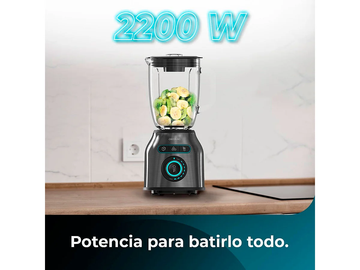 Cecotec Mixeur Blender Power Black Titanium 2200MAX Prodigy. 2200 W, 6 Lames en Acier Inoxydable, Hache-glace, Fonction Turbo, Fonction Smoothie, Fonction AutoClean