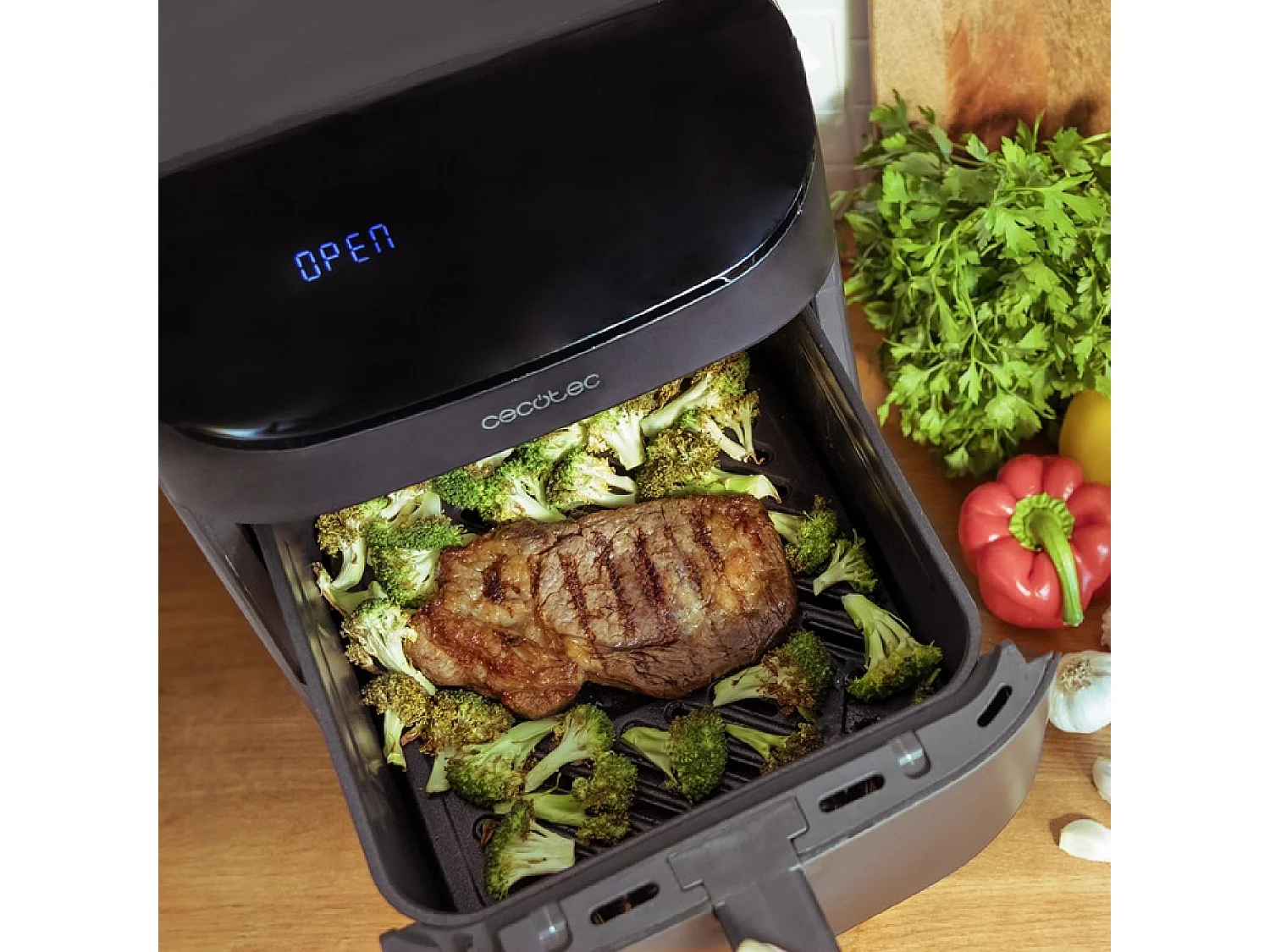 Cecotec Fritadeira de ar de 11 L com fritadeira de ar, forno e grelhador, permitindo cozinhar 2 alimentos ao mesmo tempo.