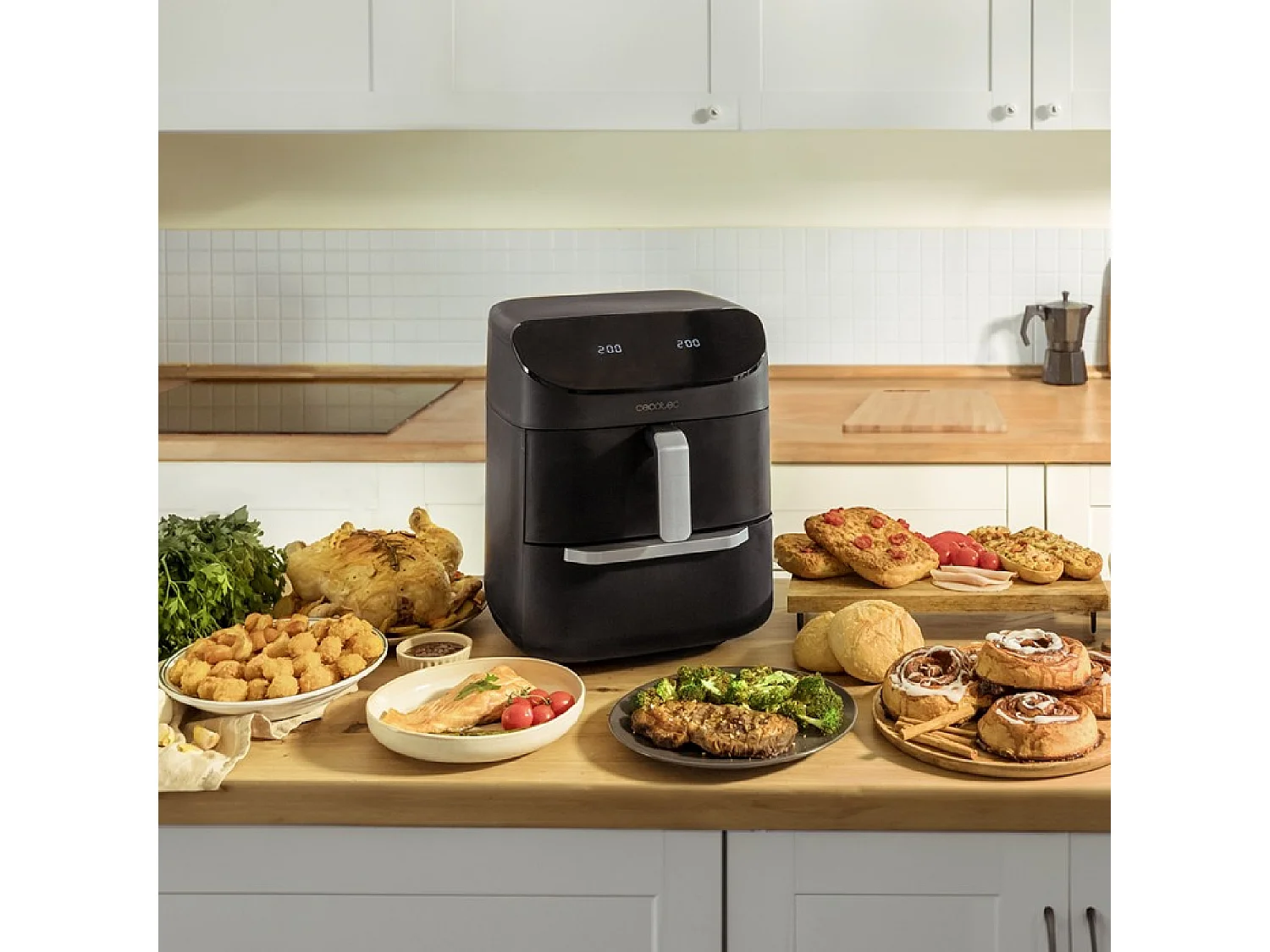 Cecotec Fritadeira de ar de 11 L com fritadeira de ar, forno e grelhador, permitindo cozinhar 2 alimentos ao mesmo tempo.