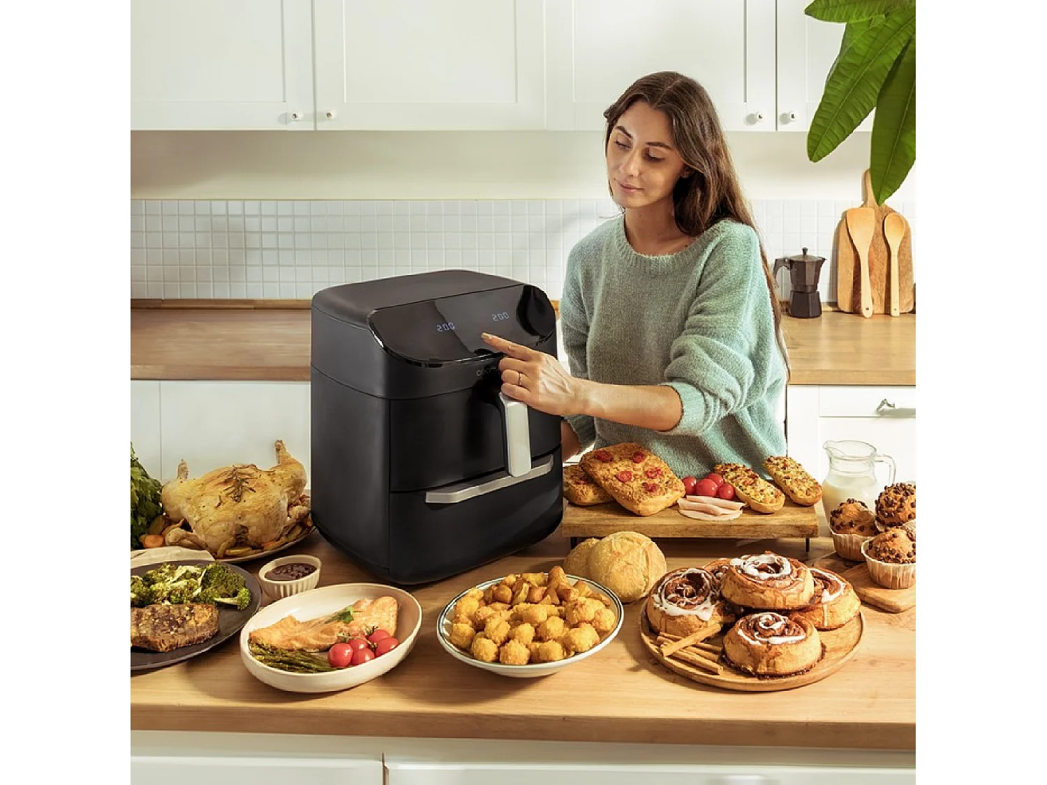 Cecotec Fritadeira de ar de 11 L com fritadeira de ar, forno e grelhador, permitindo cozinhar 2 alimentos ao mesmo tempo.