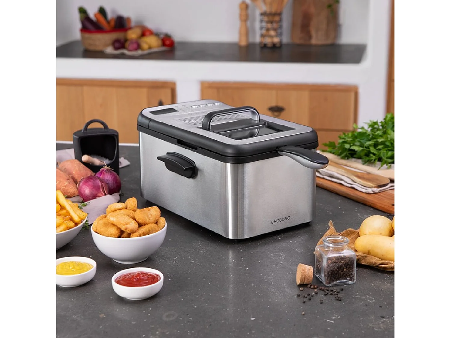 Freidora de Aceite de 3,2 Litros Cleanfry Luxury 3000. 2400 W, Acero Inoxidable, 5 Programas Preestablecidos, Filtro OilClean