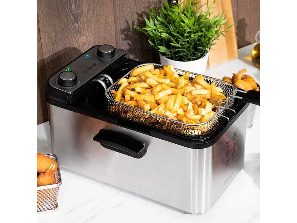 Cecotec Friteuse Électrique CleanFry 3000 Full Inox. 3L, Jusqu’à 190 ºC, Minuterie 30min, Cuve Émaillée qui convient au Lave-vaisselle, Filtre OilCleaner, 2400W.