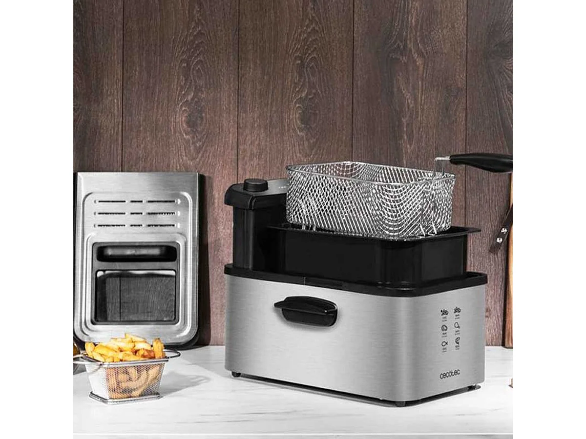 Cecotec Friteuse Électrique CleanFry 3000 Full Inox. 3L, Jusqu’à 190 ºC, Minuterie 30min, Cuve Émaillée qui convient au Lave-vaisselle, Filtre OilCleaner, 2400W.