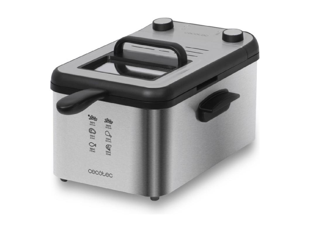 Cecotec Fritadeira de 3 litros de capacidade e 2400 W com filtro para a limpeza do óleo e tigela de aço.