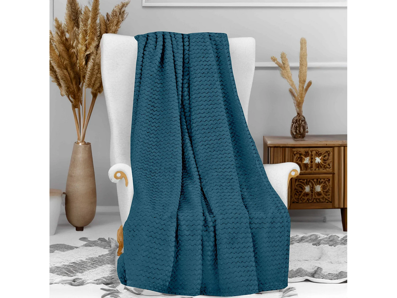 Couverture, plaid 220x240 cm COCOONING bleu canard, par Soleil d'ocre