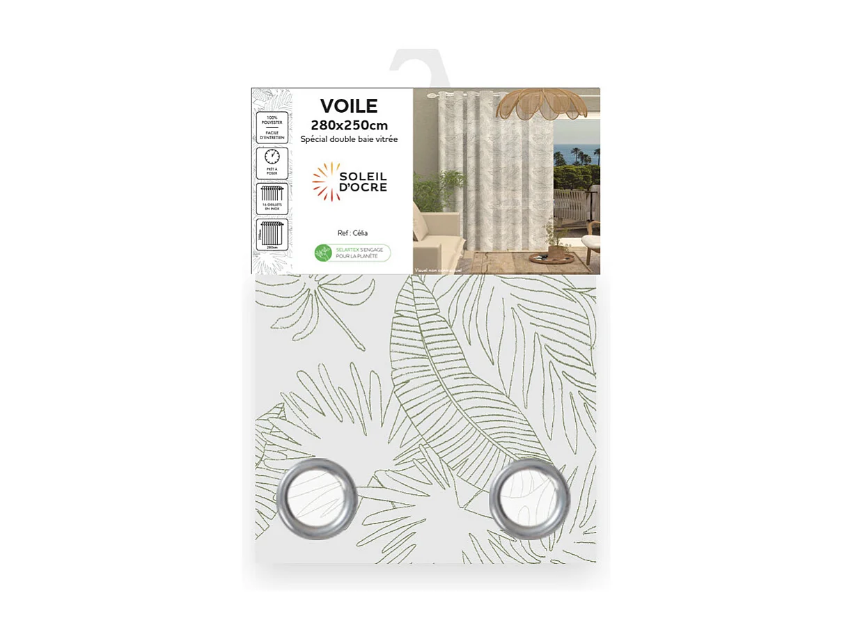 Voilage à oeillets spécial baie vitrée 280x250 cm CELIA kaki, par Soleil d'Ocre