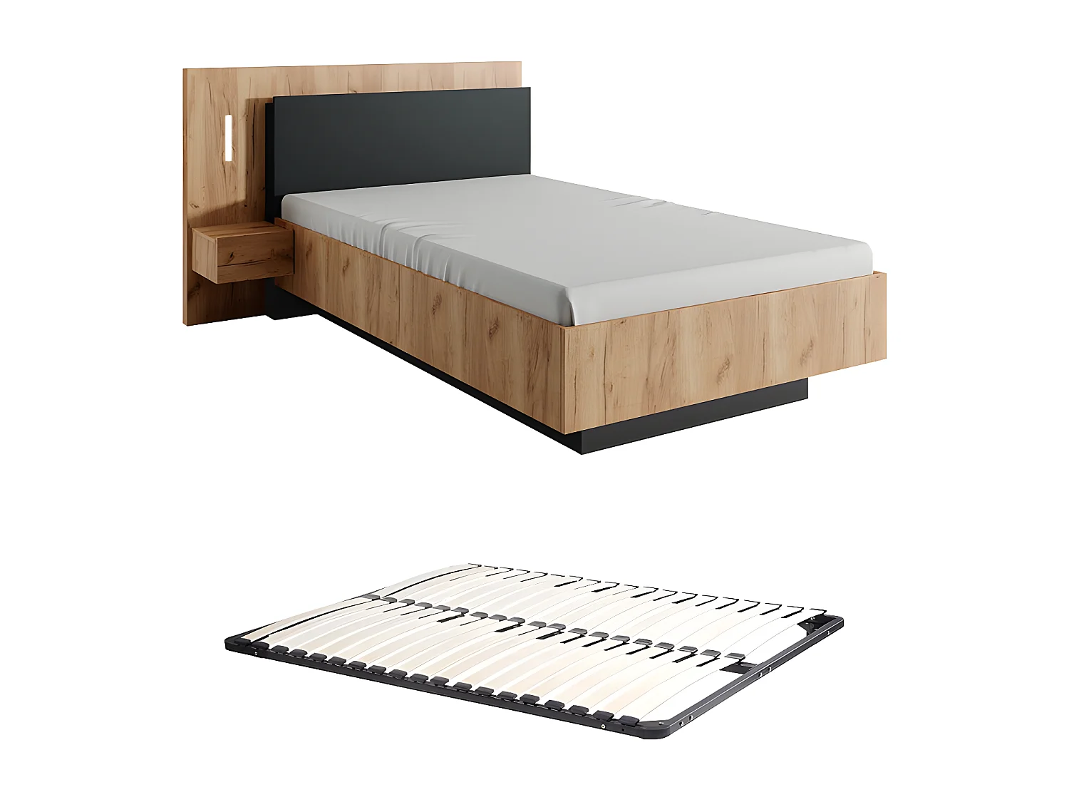 Cama com mesas de cabeceira 120x200 cm, 2 gavetas, com LEDs cor natural e antracite + sommier - FRANCOLI