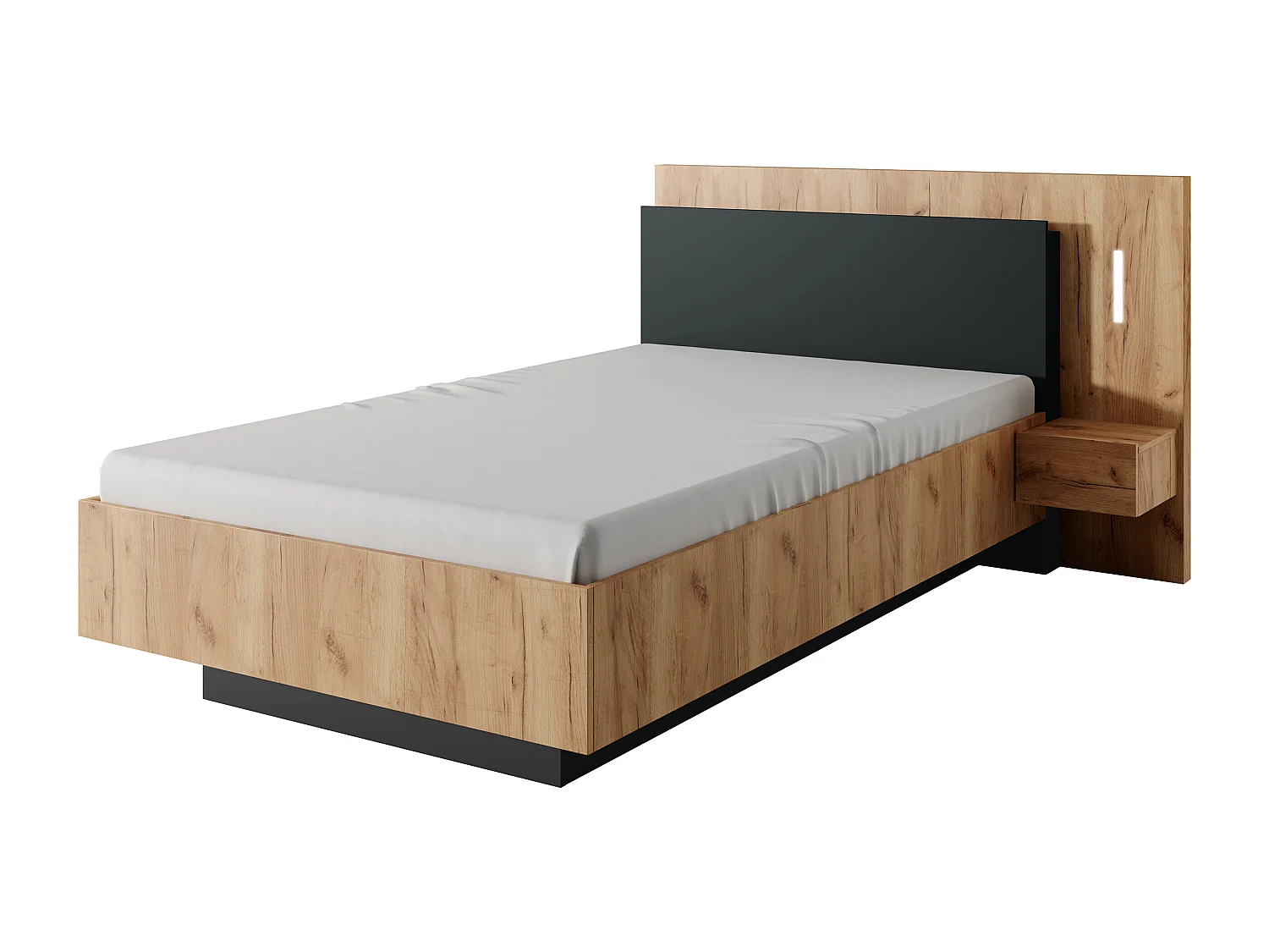 Bett mit Nachttischen - 120 x 200 cm - 2 Schubladen - Mit LED-Beleuchtung - Holzfarben & Anthrazit + Lattenrost - FRANCOLI