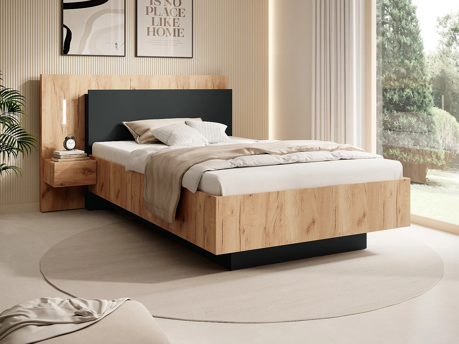 Lit avec chevets 120 x 200 cm - 2 tiroirs - Avec LEDs - Coloris : Naturel et anthracite + Sommier - FRANCOLI