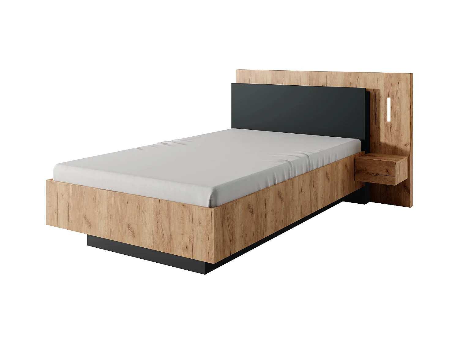 Cama con mesitas de noche 120 x 200 cm - 2 cajones - Con LEDs - Color: Natural y antracita + Somier - FRANCOLI
