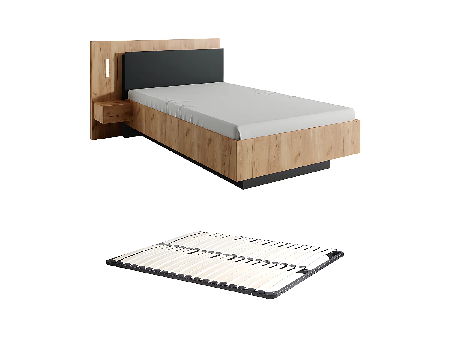 Cama con mesitas de noche 120 x 200 cm - 2 cajones - Con LEDs - Color: Natural y antracita + Somier - FRANCOLI