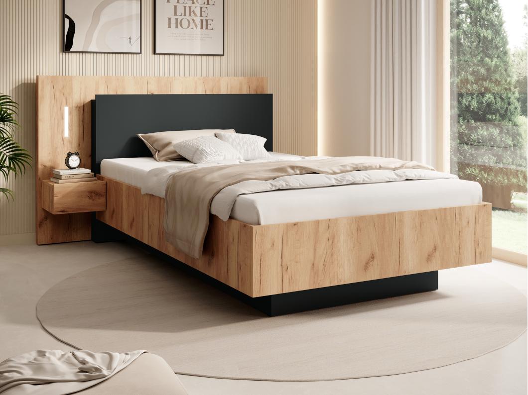 Bett mit Nachttischen - 120 x 200 cm - 2 Schubladen - Mit LED-Beleuchtung - Holzfarben & Anthrazit + Lattenrost - FRANCOLI