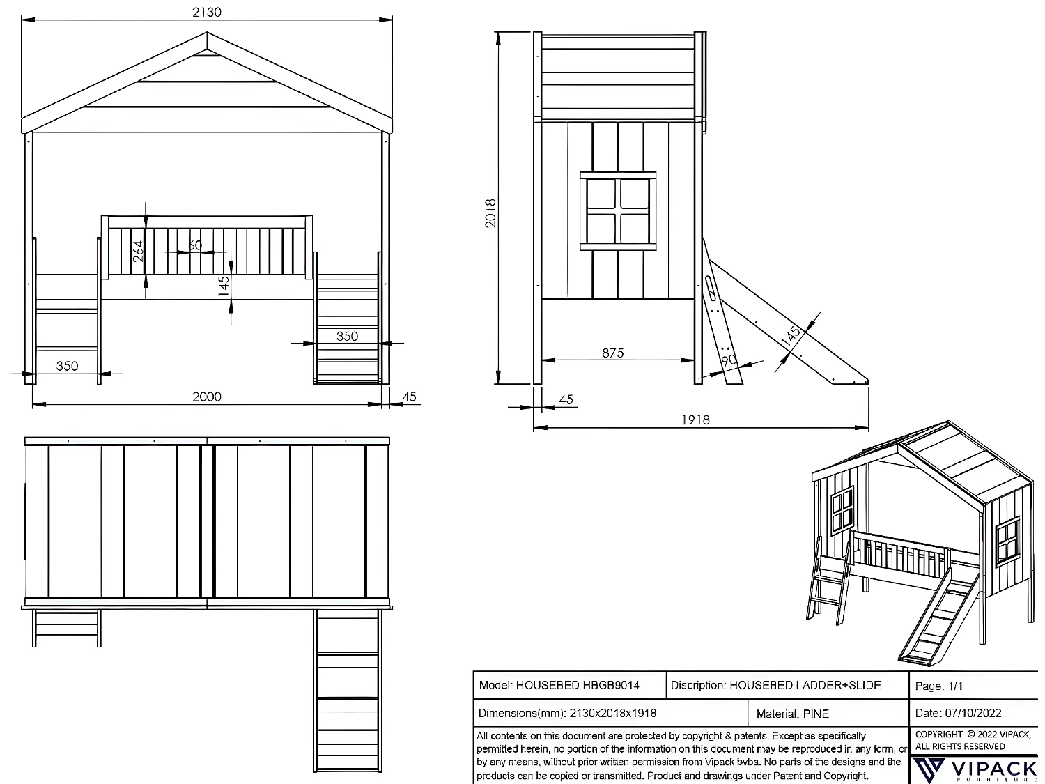 Lit Cabane HOUSEBED HB005 192x213x202 Blanc
