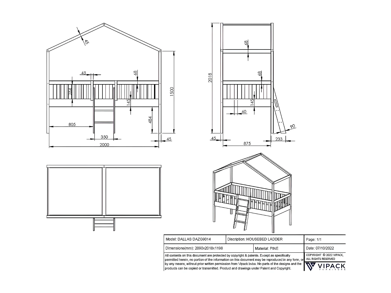 Huisbed DALLAS HB005 120x209x202 Wit