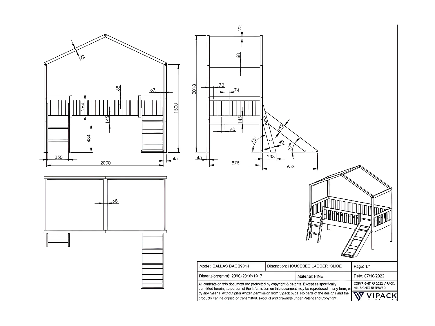 Huisbed DALLAS HB005 192x209x202 Wit